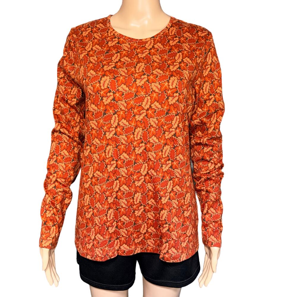 Croft & Barrow Womens TShirt Top Long Sleeve Pima Cotton Orange Fall Leaf Print